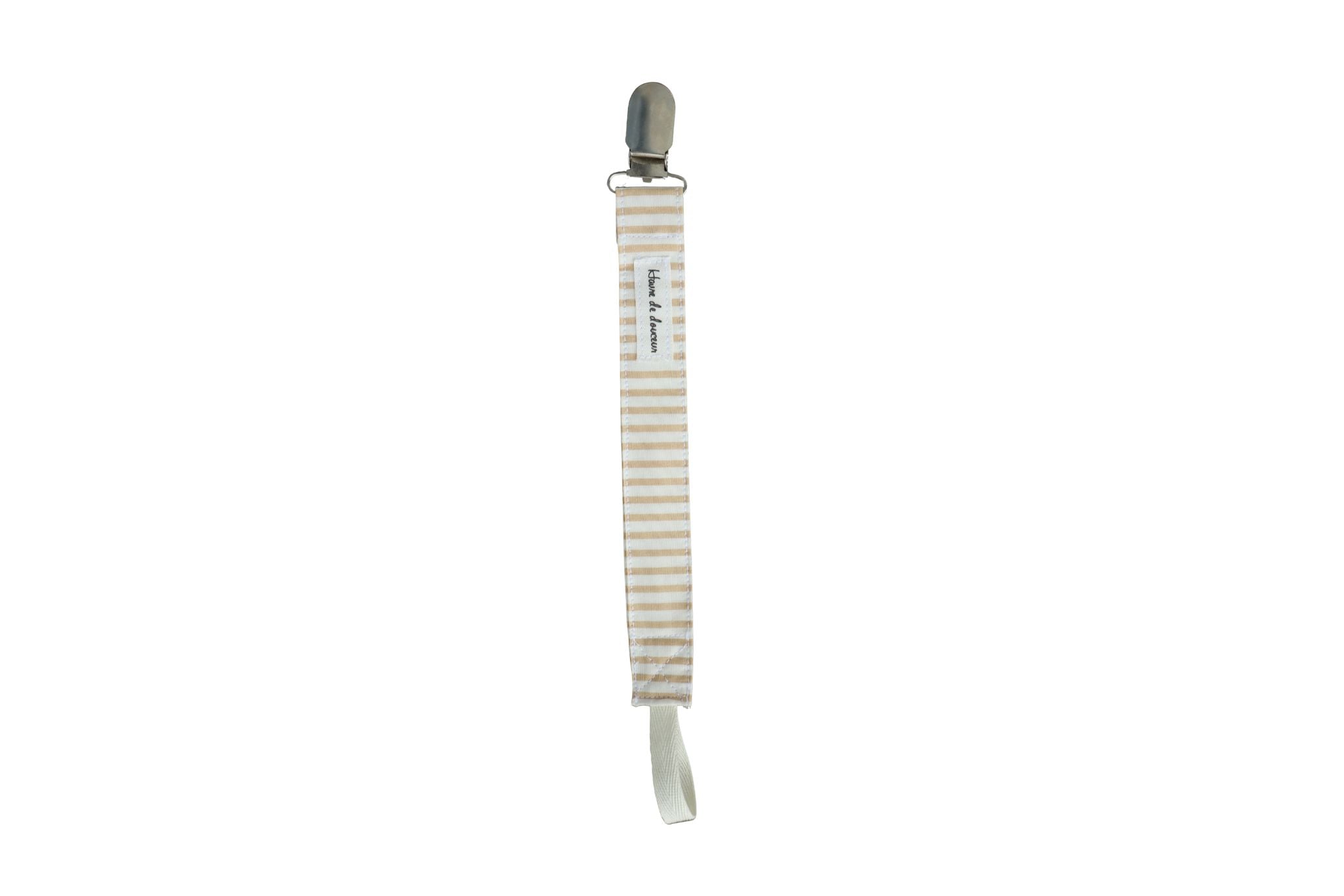 Attache à suce en tissu ligné blanc et beige